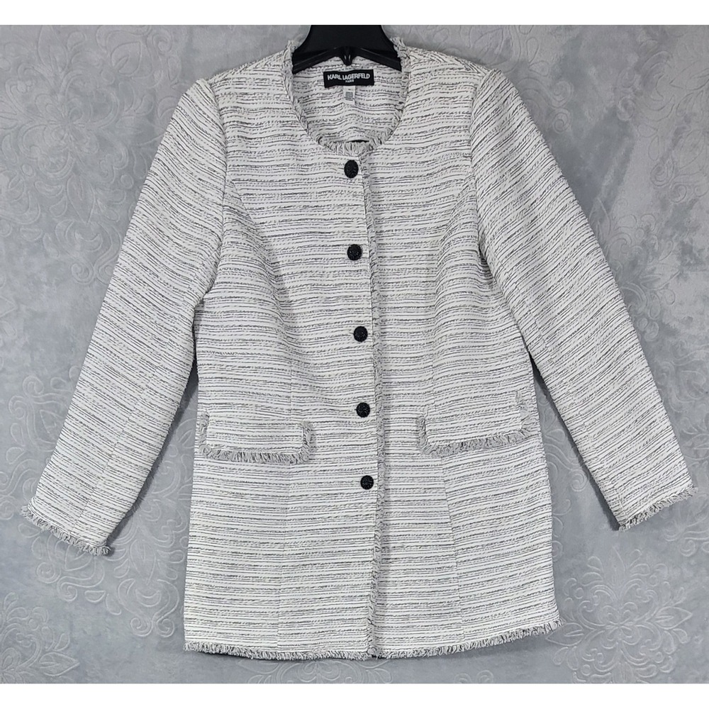 Karl Lagerfeld Paris Women's Overcoat Size 14 White‎ Tweed Fringe Button Up